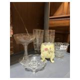 HOBNAIL GLASS PITCHER, GILT RIM ETCHED TUMBLERS,