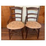 PAIR LADDER-BACK DINING CHAIRS W/ DAMASK