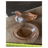 PINK GLASS DUCK-SHAPED BUTTER DISH,