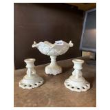 MILK GLASS COMPOTE & CANDLESTICK SET - THREE