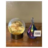 DECORATIVE GLASS SPHERE W/ RESIN SPECIMENS, BLUE