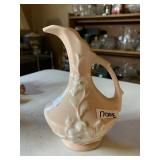 HULL CERAMIC PITCHER - PEACH W/ FLORAL RELIEF,