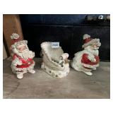 VINTAGE CERAMIC SANTA FIGURINES AND SLEIGH, THREE