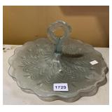 GLASS HANDLED SERVING DISH LEAF PATTERN.