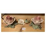 CERAMIC FLOWER FIGURINES - PINK ROSES, WHITE BUD,
