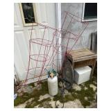 GARDEN SPRAYER, BASIN, TOMATO CAGES.