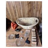 WICKER BASKET, GLASS PLATES, CARVED WOOD FIGURES,