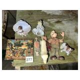 VINTAGE CERAMIC FIGURINES, JOINTED DOLL, FRAMED