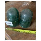 PAIR OF GREEN GLASS INSULATOR CAPS, EMBOSSED