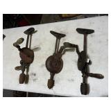 VINTAGE HAND DRILLS, APPROX 3 PC, CAST IRON.