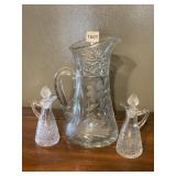 CUT GLASS PITCHER W/ STOPPERED DECANTERS, FLORAL