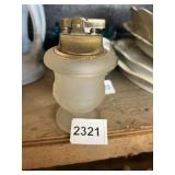 VINTAGE FROSTED GLASS TABLE LIGHTER - BRASS