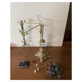 BRASS JEWELRY STAND, ROSARIES, SHAVER KIT,