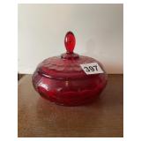 RED PRESSED GLASS CANDY DISH.
