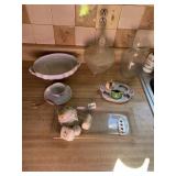 PORCELAIN WIND CHIME, CANDY DISH WITH LARGE CHIP,