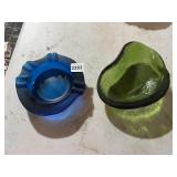 PAIR OF ART GLASS ASHTRAYS - BLUE AND CHARTREUSE.