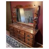 WOOD DRESSER W/ MIRROR - NINE DRAWERS, BRASS