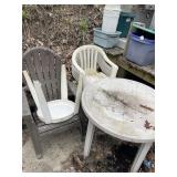 PLASTIC PATIO TABLE, CHAIRS.