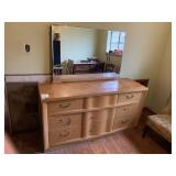 MID-CENTURY BLONDE WOOD DRESSER W/ MIRROR - NINE
