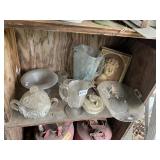 ASSORTED PRESSED GLASS PITCHERS, SUGAR BOWL,