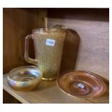 CARNIVAL GLASS PITCHER AND 2 SERVING PIECES