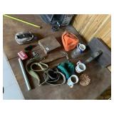 ASSORTED HOUSEHOLD ITEMS - STRAPS, TOOLS, MUGS,