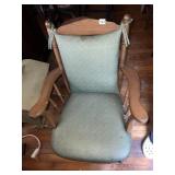 WOOD ROCKING CHAIR W/ GREEN PADDED CUSHIONS,