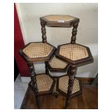 MCM DARK WOOD CANE STOOLS, HEXAGONAL TOPS, TURNED
