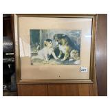 FRAMED VINTAGE ART PRINT, CHILD W/ DOG & CAT,