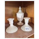 MILK GLASS COVERED URN & CANDLESTICKS - 3-PIECE