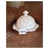 MILK GLASS BUTTER DISH - EMBOSSED PINEAPPLE &