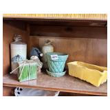 CANDLES, 2 MCCOY PLANTERS, BLUE HAS CHIP