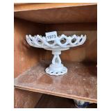 WHITE MILK GLASS PEDESTAL FRUIT BOWL WITH LATTICE