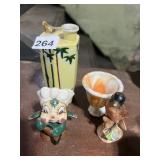 CERAMIC CLOWN VASE, CERAMIC BIRD FIGURINE W/