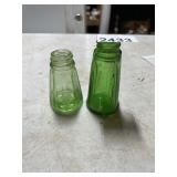 URANIUM GLASS SALT SHAKER AND GREEN GLASS SHAKER,