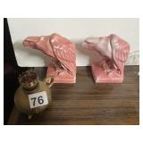 PR PINK CERAMIC EAGLE BOOKENDS, BRASS-TONE OIL