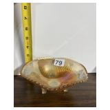MARIGOLD CARNIVAL GLASS FOOTED BOWL, SCALLOPED