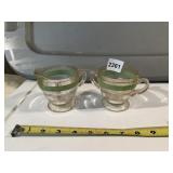 SUGAR CREAMER SET -  GREEN BAND & SILVER TRIM.