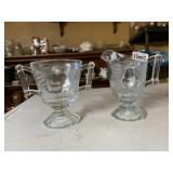 PAIR GLASS CREAMER & SUGAR BOWLS - PEAR & LEAF