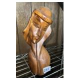 HAND-CARVED WOOD SCULPTURE, STYLIZED FEMALE BUST.