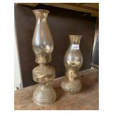 PAIR VINTAGE OIL LAMPS W/ GLASS SHADES