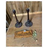 PAIR WOOD CANDLESTICKS, FREE LUNCH SIGN, MINI
