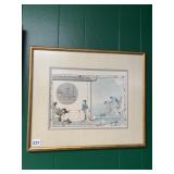 FRAMED ASIAN STYLE PRINT, MATTED, GOLD-TONE