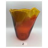 HAND BLOWN ART GLASS VASE, GRADIENT AMBER TO RED,