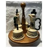 YET LOX CERAMIC ROOSTER CRUET SET W/ WOODEN