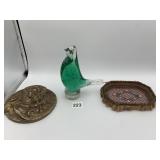 METAL BAS-RELIEF PLAQUE, ART GLASS BUBBLE BIRD