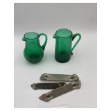 CRACKLED GREEN GLASS PITCHERS, VTG BRANDED BOTTLE