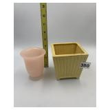 YELLOW RIBBED CERAMIC PLANTER, PINK OPALESCENT