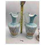 PR FROSTED BLUE ART GLASS PITCHERS, HAND-PAINTED