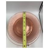 PINK PRESSED GLASS PLATES, SWIRLED RIBBED DESIGN.